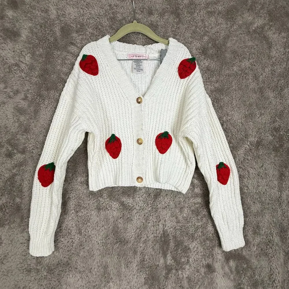 NWT Strawberry Embroider Ribbed White Cardigan Sweater Love Squared Girls 10 12